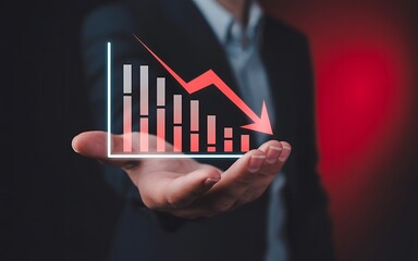 Business professional presenting a downward trending financial graph indicating a period of decline