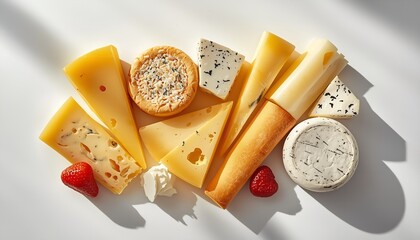 A beautifully arranged selection of artisanal cheeses and fresh strawberries on a clean white surface