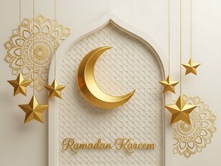 Artistic Ramadan Kareem illustration using a clean white and gold palette with hanging ornaments and geometric lattice textures.