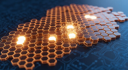 Glowing orange hexagonal nanotech structure on blue circuit board, futuristic quantum computing and advanced material science concept