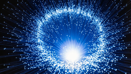 Circular burst of illuminated blue fiber optic strands, dark backdrop, with copy space