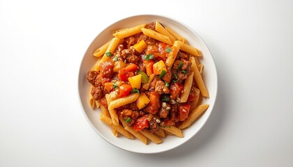 A plate of pasta with tomato sauce and vegetables on a white background