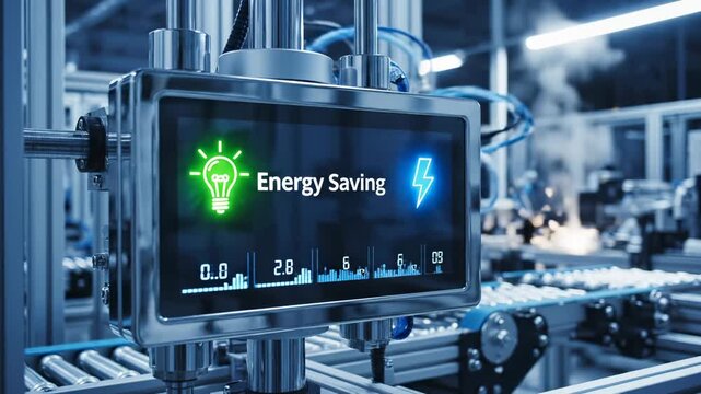 Energy saving display shows factory data with efficiency charts and monitor metrics. Industrial energy display with saving data. Factory monitor shows energy efficiency on display screen system.