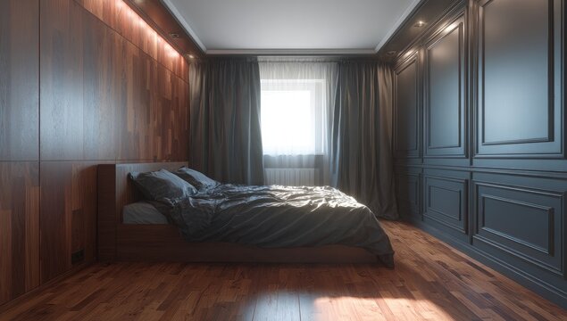 Modern bedroom with dark wood accents - Powered by Adobe