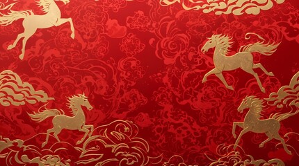 Luxury 2026 Chinese New Year Background with 3D Auspicious Clouds and Horse Silhouette