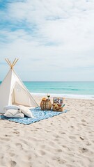 Aesthetic outdoor lounge on a sandy beach featuring a small teepee tent, decorative pillows, and a wicker picnic basket.
