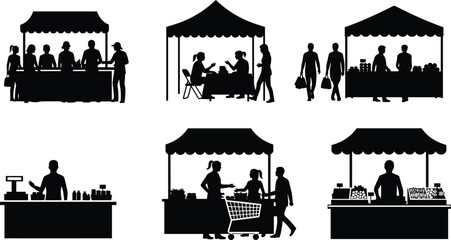 Black silhouette icons of street market stalls and vendors, people shopping at local fair tents, food commerce and retail vector illustrations, isolated elements,