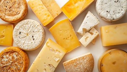 A variety of artisanal cheeses arranged on a white surface