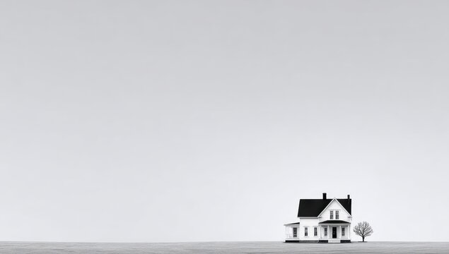 A minimalist grayscale image of a small white house on a vast, empty plain