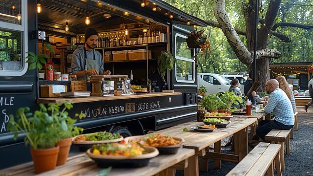 A food truck serves fresh meals in a park. A vendor prepares food as customers enjoy their meals at nearby tables. This scene takes place on a sunny afternoon in an outdoor setting with trees