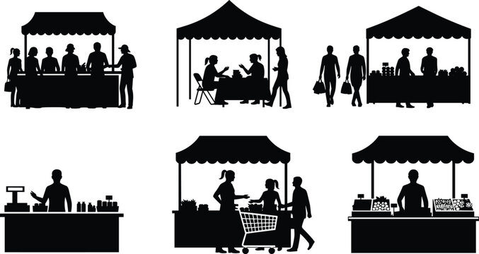 Black silhouette icons of street market stalls and vendors, people shopping at local fair tents, food commerce and retail vector illustrations, isolated elements,
