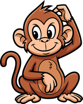 Cute cartoon monkey character with a thoughtful and curious expression, scratching its head playfully, a charming graphic for children's content and creative projects