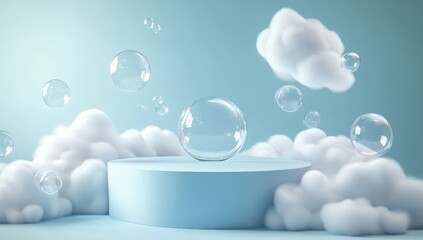 A serene scene featuring floating bubbles above soft clouds and a circular platform, evoking a dreamy atmosphere.