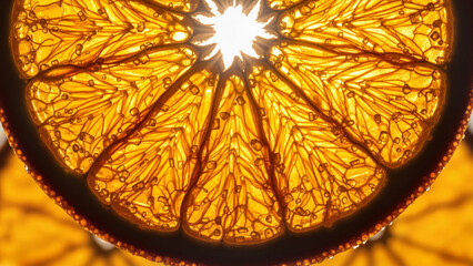Backlit orange citrus fruit slice showing glowing pulp structure, extreme macro view, organic food texture and summer freshness background