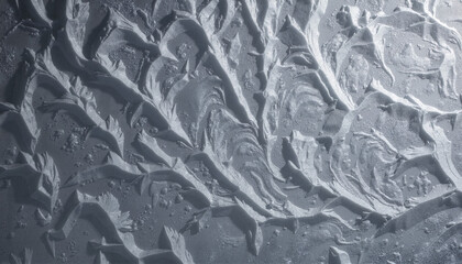 Abstract monochromatic topographic relief surface with sharp ridges, cool grey colors, rugged 3d texture background with copy space