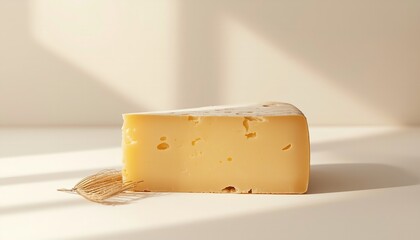 A block of cheese sits on a white surface with a leaf next to it in a bright and airy room.