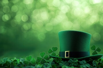 A green leprechaun hat sits amidst lush clovers, creating a festive atmosphere with a soft, blurred background.