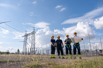 Utility workers discuss plans near power lines and wind turbines under a clear sky in an energy facility