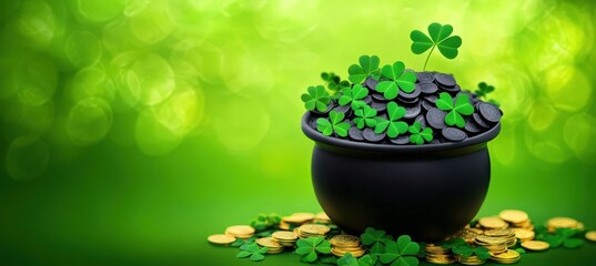 A black pot overflowing with green clovers sits atop a pile of gold coins, set against a vibrant green background, evoking a sense of luck and prosperity.