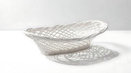 Obraz premium Elegant oval basket, woven of white material, casting a patterned shadow. Lit from above on a clean, bright surface