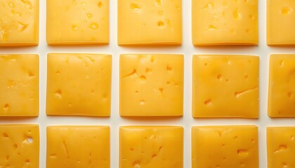 A neatly arranged collection of square cheese slices on a clean white surface