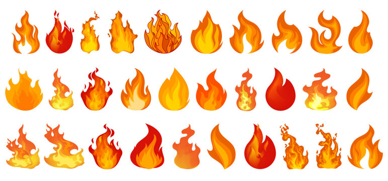Vibrant collection of stylized cartoon fire and flame icons in various shapes. Red, orange, and yellow animated blazes and bonfires.