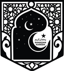 Mosque window silhouette with crescent moon in night sky