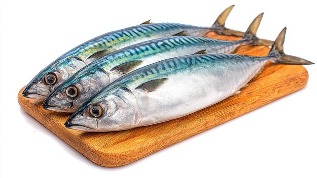 Three whole mackerel on a light-brown wooden cutting board, set against a white background