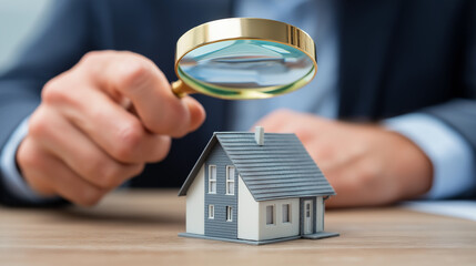 A person's hands holding a magnifying glass over a small model of a house, real estate, property investment, detailed analysis, inspection
