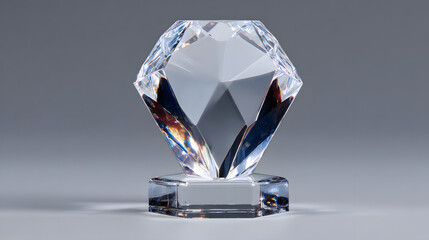 Blank modern glass crystal award trophy on a plain grey background