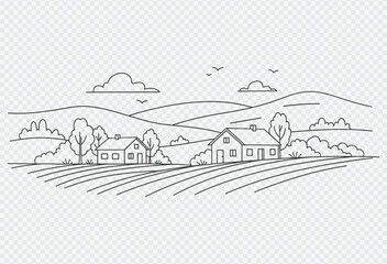 Fototapeta premium Serene countryside landscape with houses and rolling hills in simple line art style