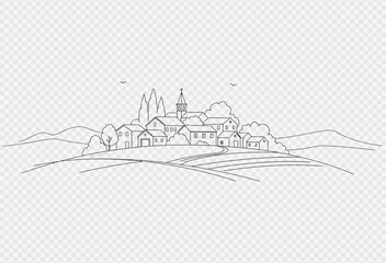 Obraz premium Serene village landscape with church and rolling hills in simple line art