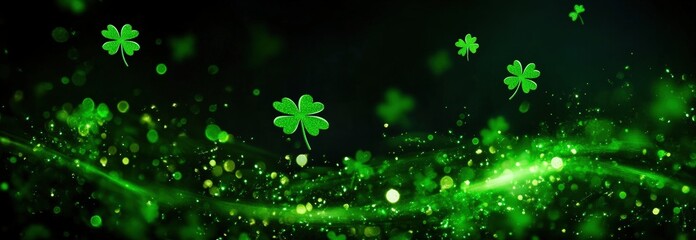 A vibrant, green-themed background featuring floating clovers and glittering particles, perfect for celebrating St. Patrick's Day or themes of luck.