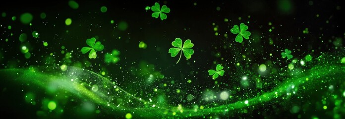 A vibrant green background features floating clovers and shimmering particles, evoking a festive and magical atmosphere.