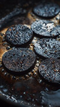 Complete kitchen cooking disaster and total failure. Close up on burnt black food, charred mistake creating heavy smoke, forgotten inside dirty pan