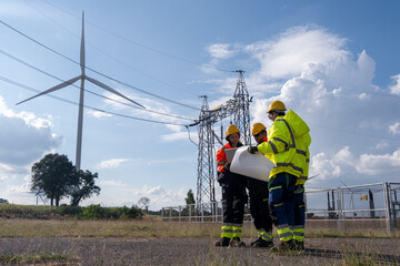 Workers discuss plans near wind turbine and power lines on a sunny day in a rural area