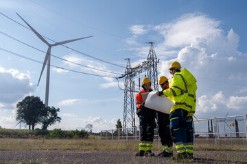 Workers examine plans near wind turbines and power lines at an energy site on a clear day with clouds in the background
