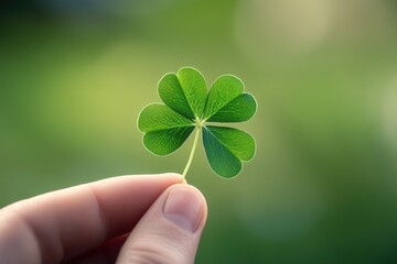 A hand holding a vibrant green four-leaf clover against a softly blurred green background, symbolizing luck and nature.