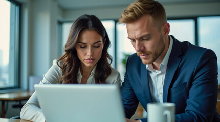 Businesspeople working together in an office, sitting at a desk with a laptop computer while looking over the monitor