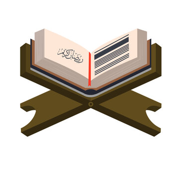 Islamic Holy Quran with 'Ramadan Kareem' calligraphy open on a traditional wooden Rehal bookstand.