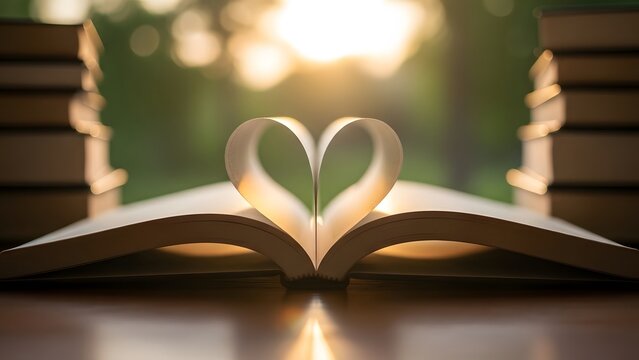 An open book with pages folded into a heart shape on a table with warm sunlight shining through