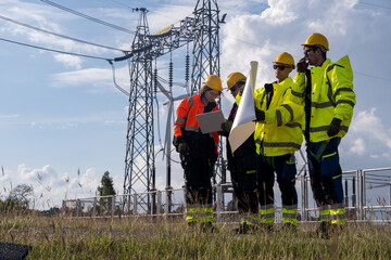 Workers inspect plans near power lines during maintenance on a sunny day with clouds in the sky