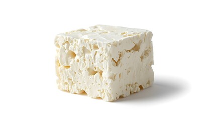 A block of white feta cheese on a plain background