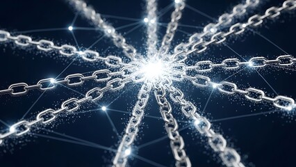 Glowing silver metal chains connected to a central bright light point against a dark blue background representing blockchain security and links