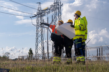 Workers discuss safety measures near power lines during the day