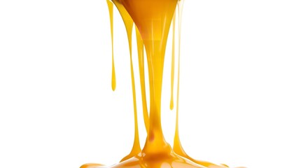 A stream of golden liquid is pouring down against a white background