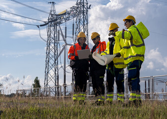 Team of workers reviewing plans near power lines at a construction site in broad daylight