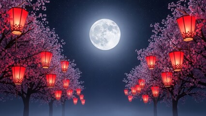 Moonlit night with red lanterns and blossoming trees