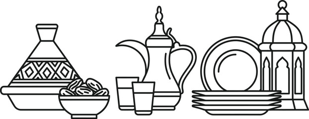 Ramadan kitchenware set with tajine and dates vector illustration