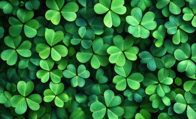 A lush carpet of vibrant green clovers, showcasing their distinctive heart-shaped leaves, creates a serene and refreshing natural scene.